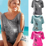 Women"s Slit Sleeve Summer Shoulder Feather Print T-Shirt