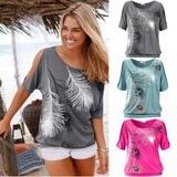 Women"s Slit Sleeve Summer Shoulder Feather Print T-Shirt